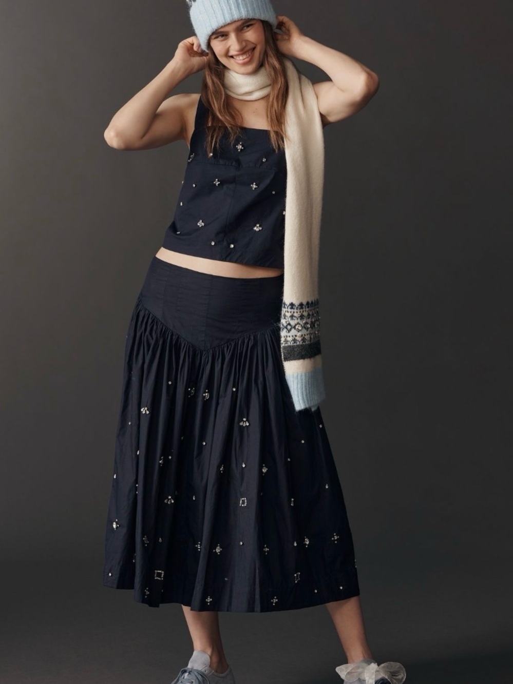 Maeve Anthropologie Basque Waist Embroidered Rhinestone Navy Midi Skirt